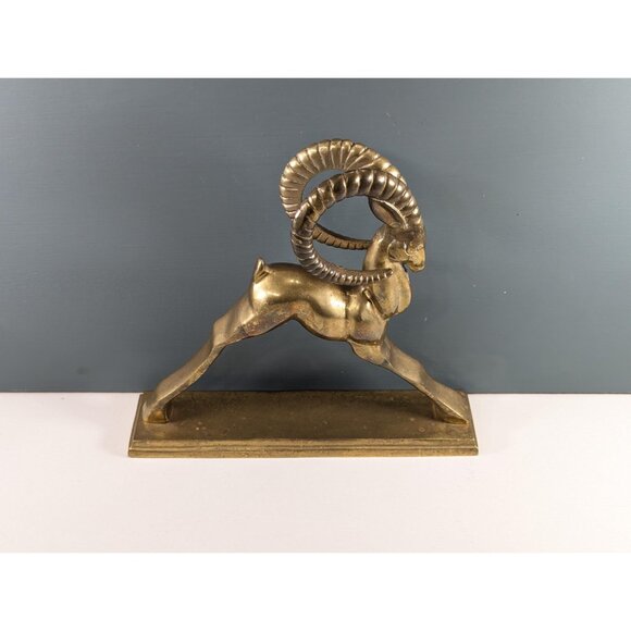 Vintage Solid Brass Sculpture of an Ibex Antelope, Art deco style brass Ram - Picture 3 of 14